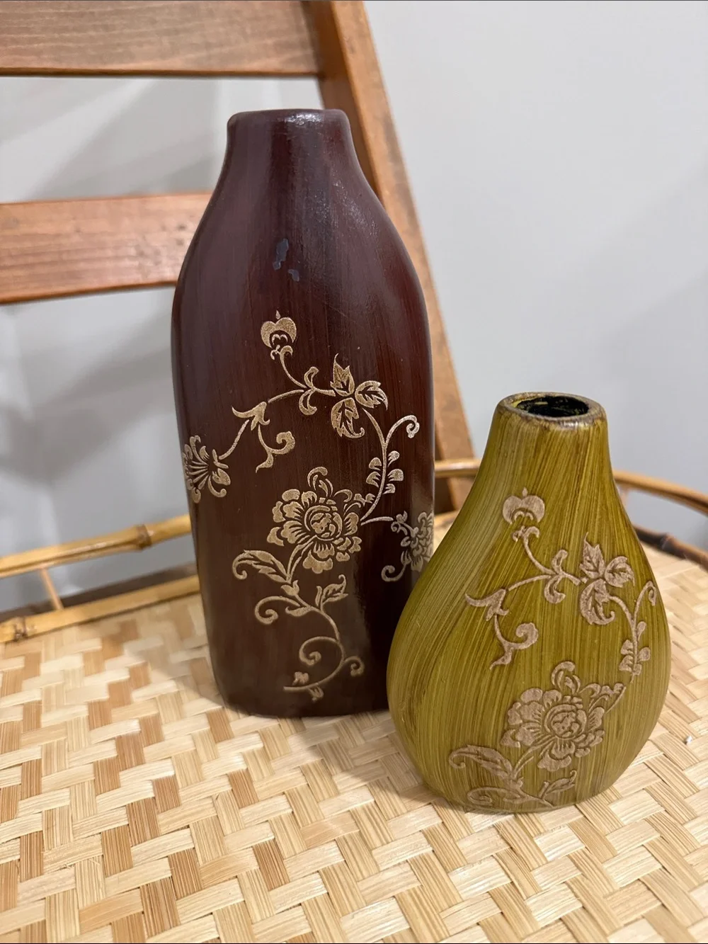 Vintage Faux Wood Grain Ceramic Vase Set Brown & Olive Green Gold Floral Boho MC